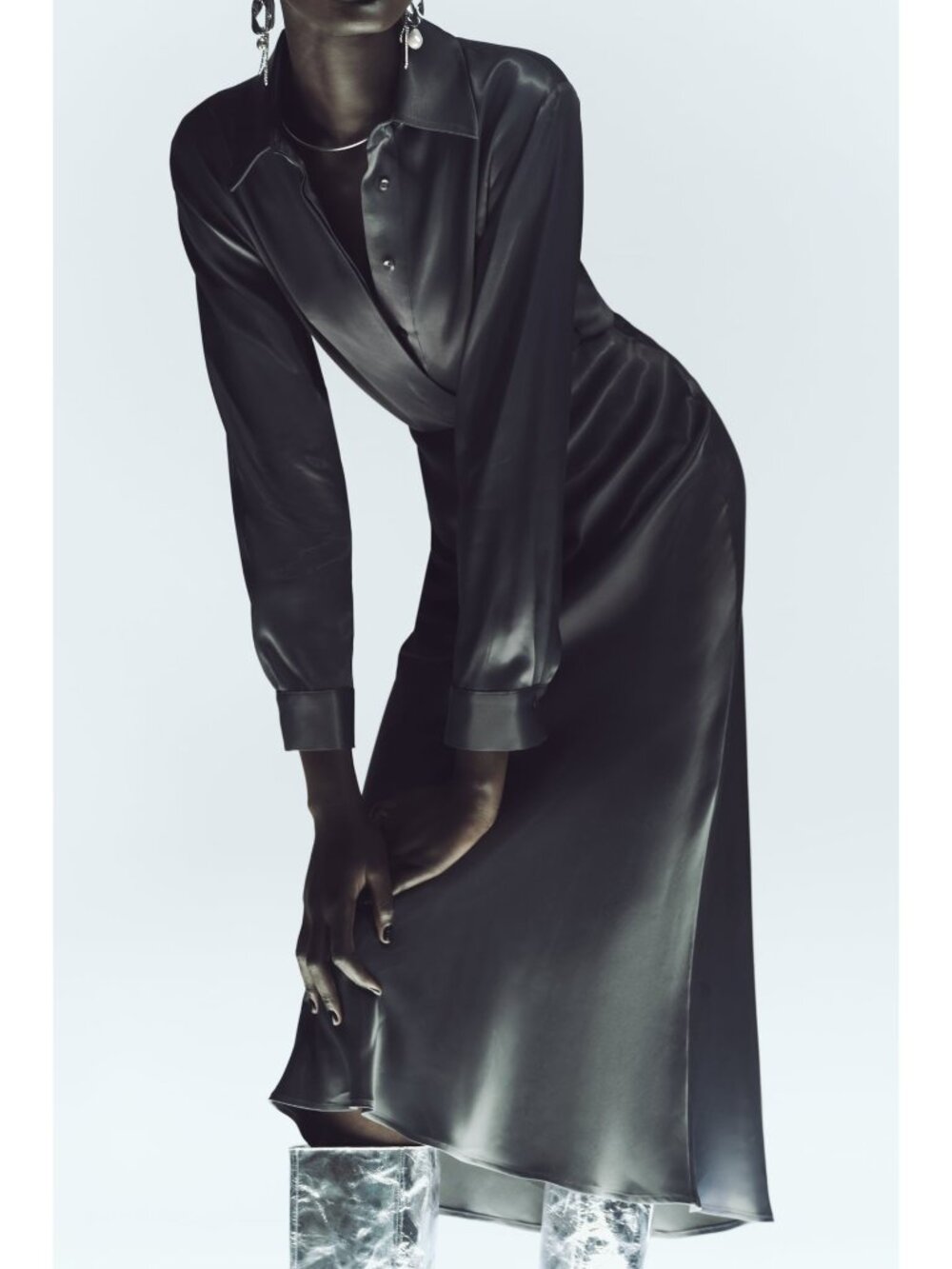 Zara Space Grey Silky Midi Skirt Dark Grey